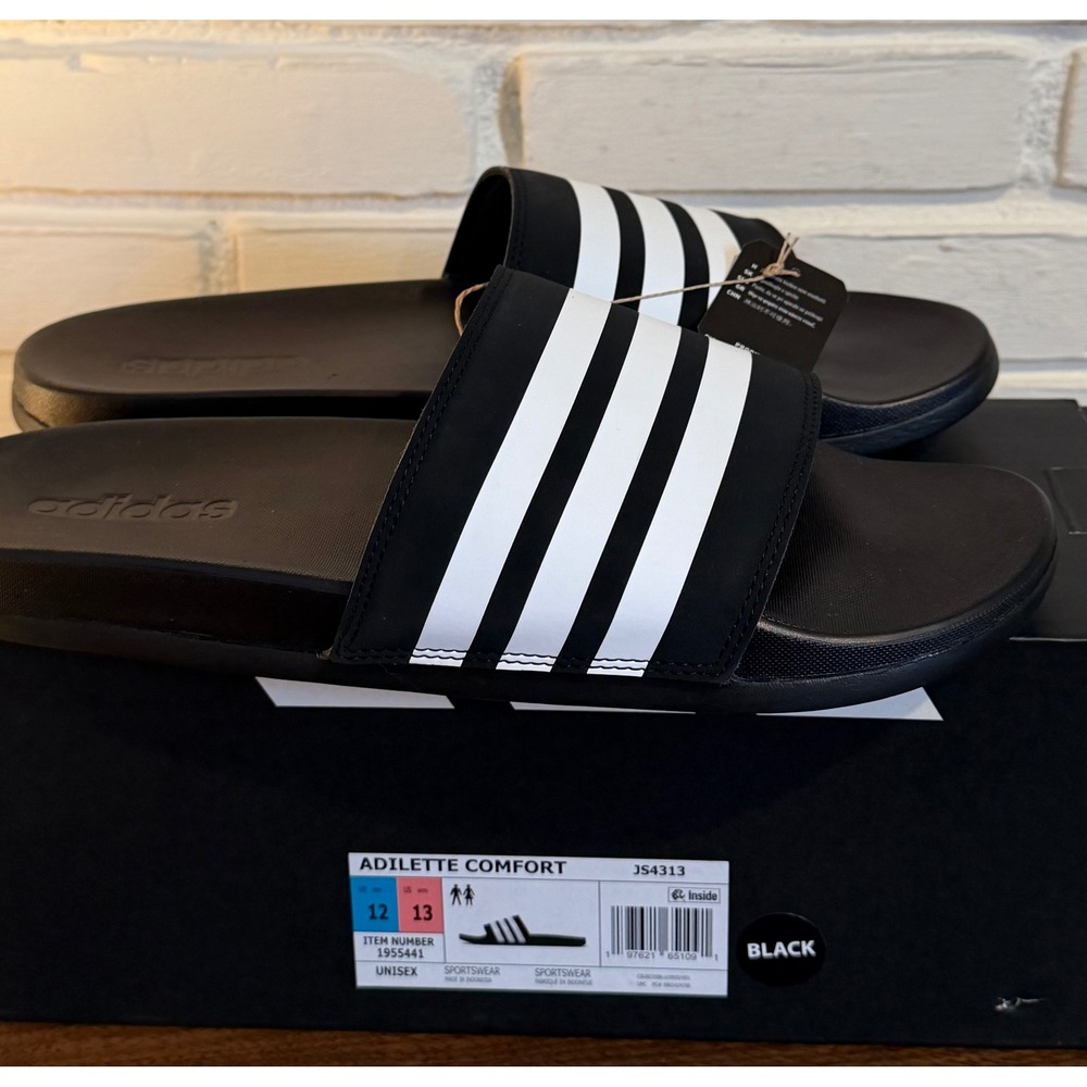 Adidas Adilette Comfort Slides Black White Mens 12 Womens 13 Sandals Classic Gym